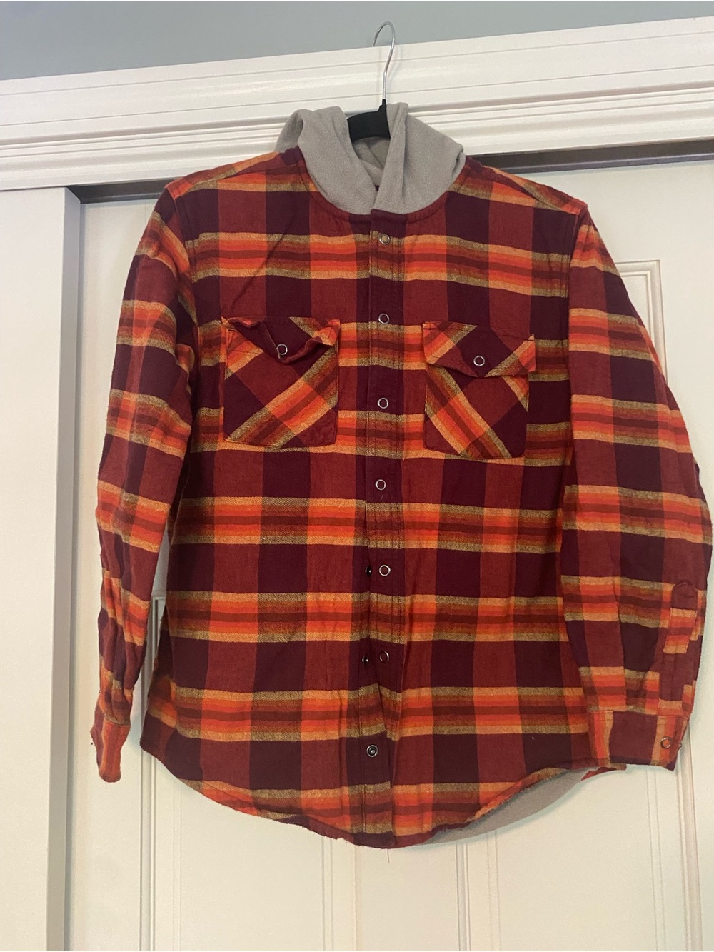Boys L.L. Bean Red, Orange, Yellow Plaid Kids fleece lined Jacket with Hood